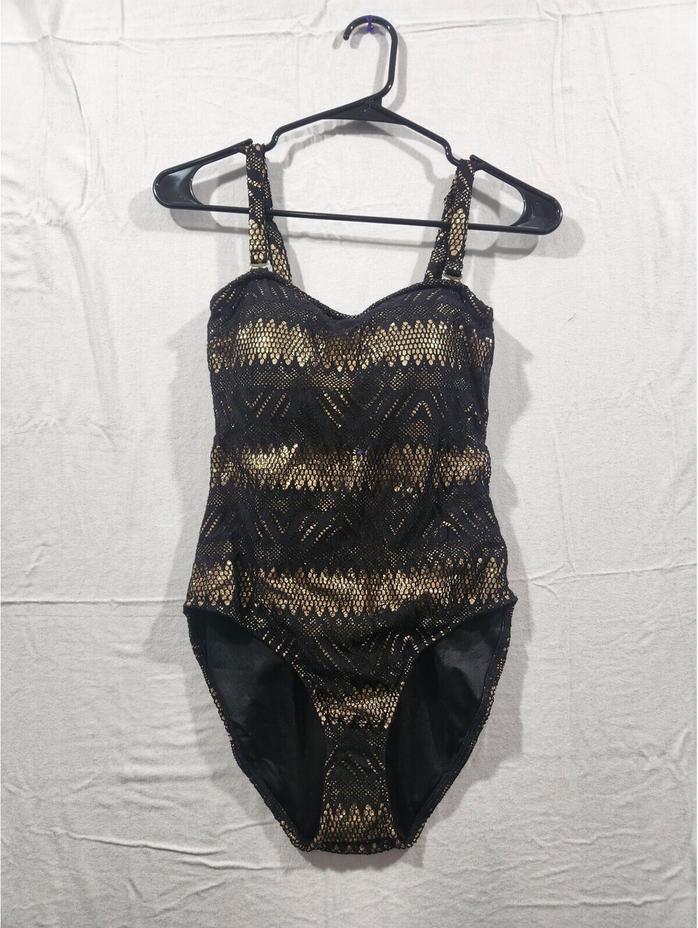 Cosita Linda Black & Gold Metallic Crochet Lace One Piece Swimsuit